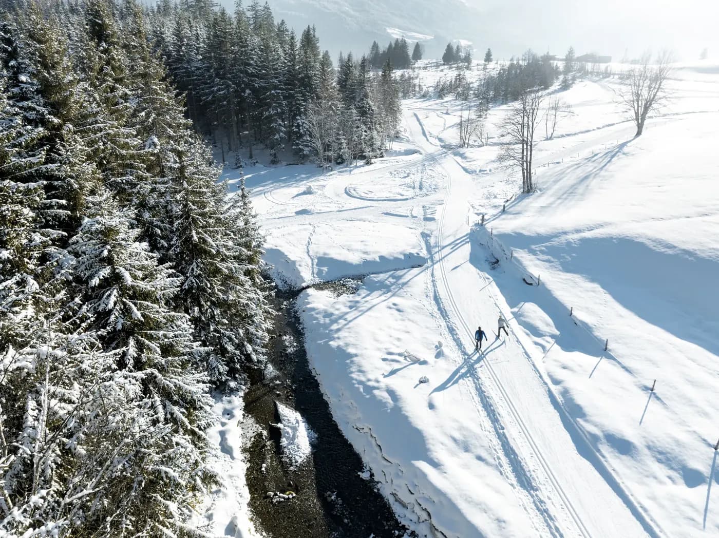 Twee tourskiërs in een besneeuwd dal met beek en bos