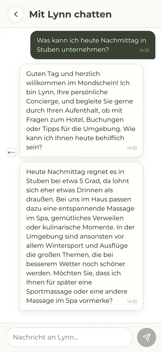Die Mondschein App: Chat mit Lynn, die einen Tipp für einen Regennachmittag in Stuben gibt