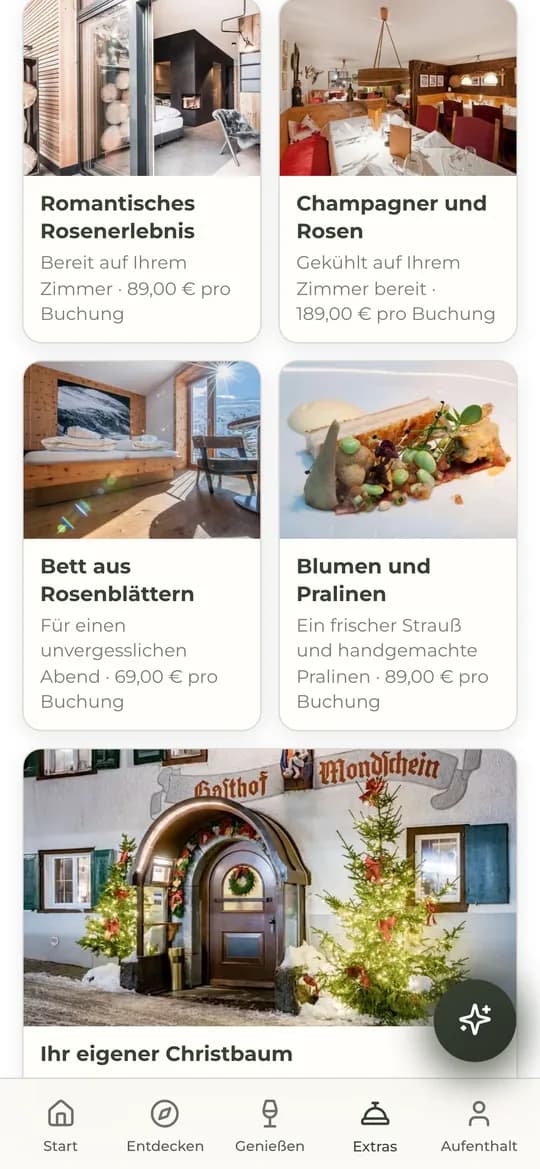 Die Mondschein App: Extras wie Rosenerlebnis, Champagner und eigener Christbaum auf dem Zimmer
