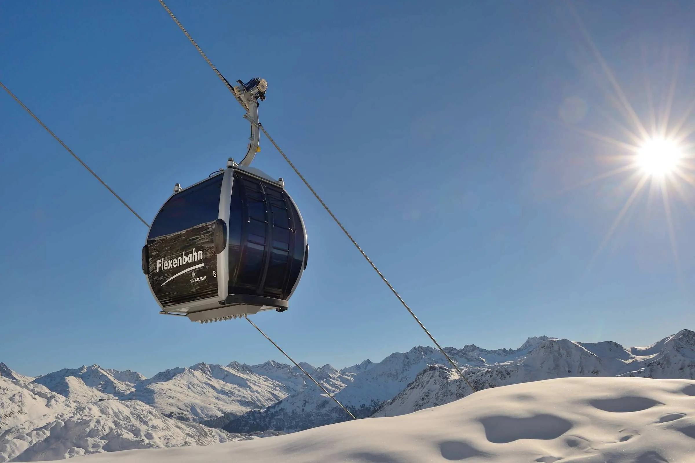 Flexenbahn gondola above the snowy Arlberg