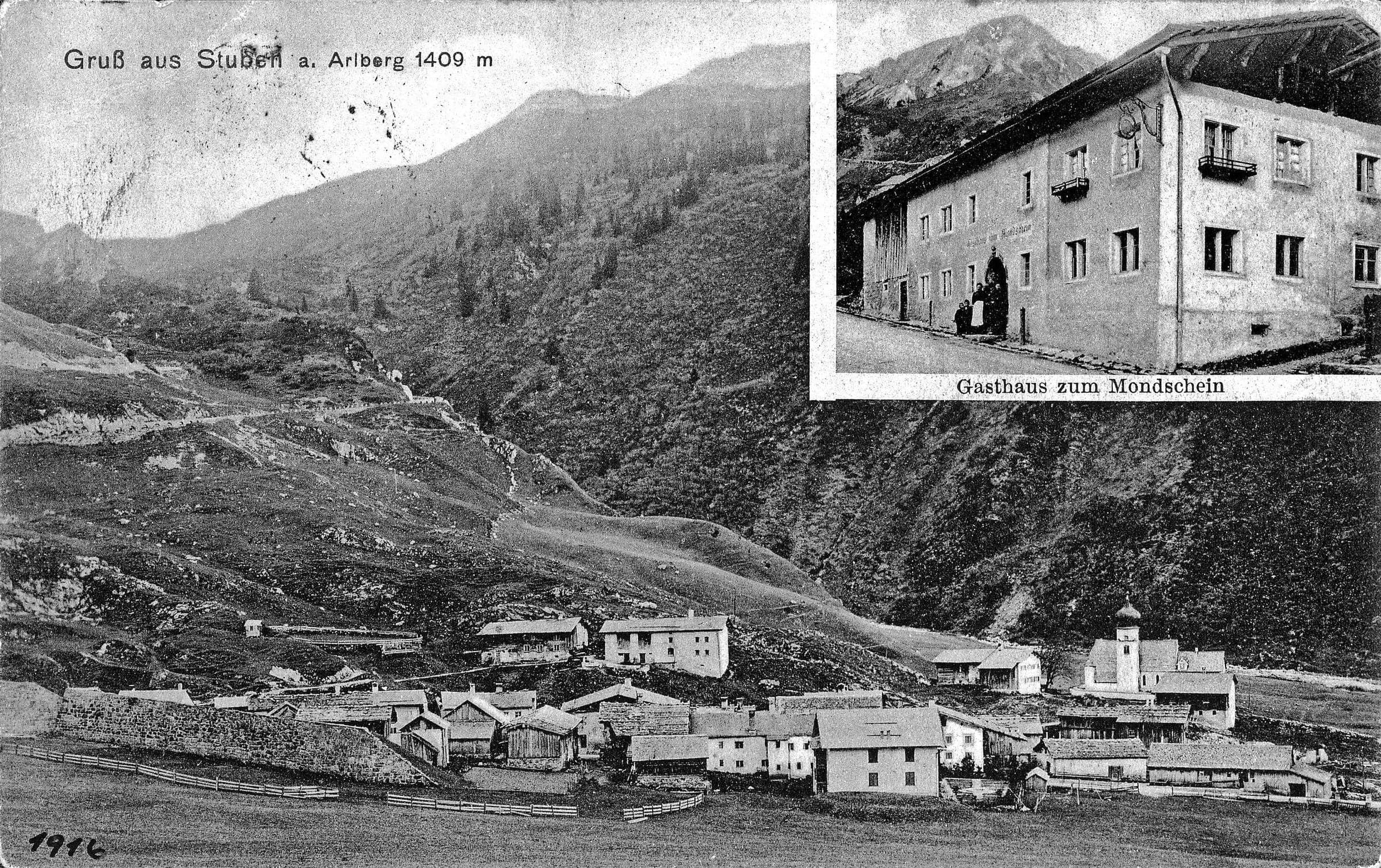 Old postcard “Gruß aus Stuben” showing the Gasthaus zum Mondschein