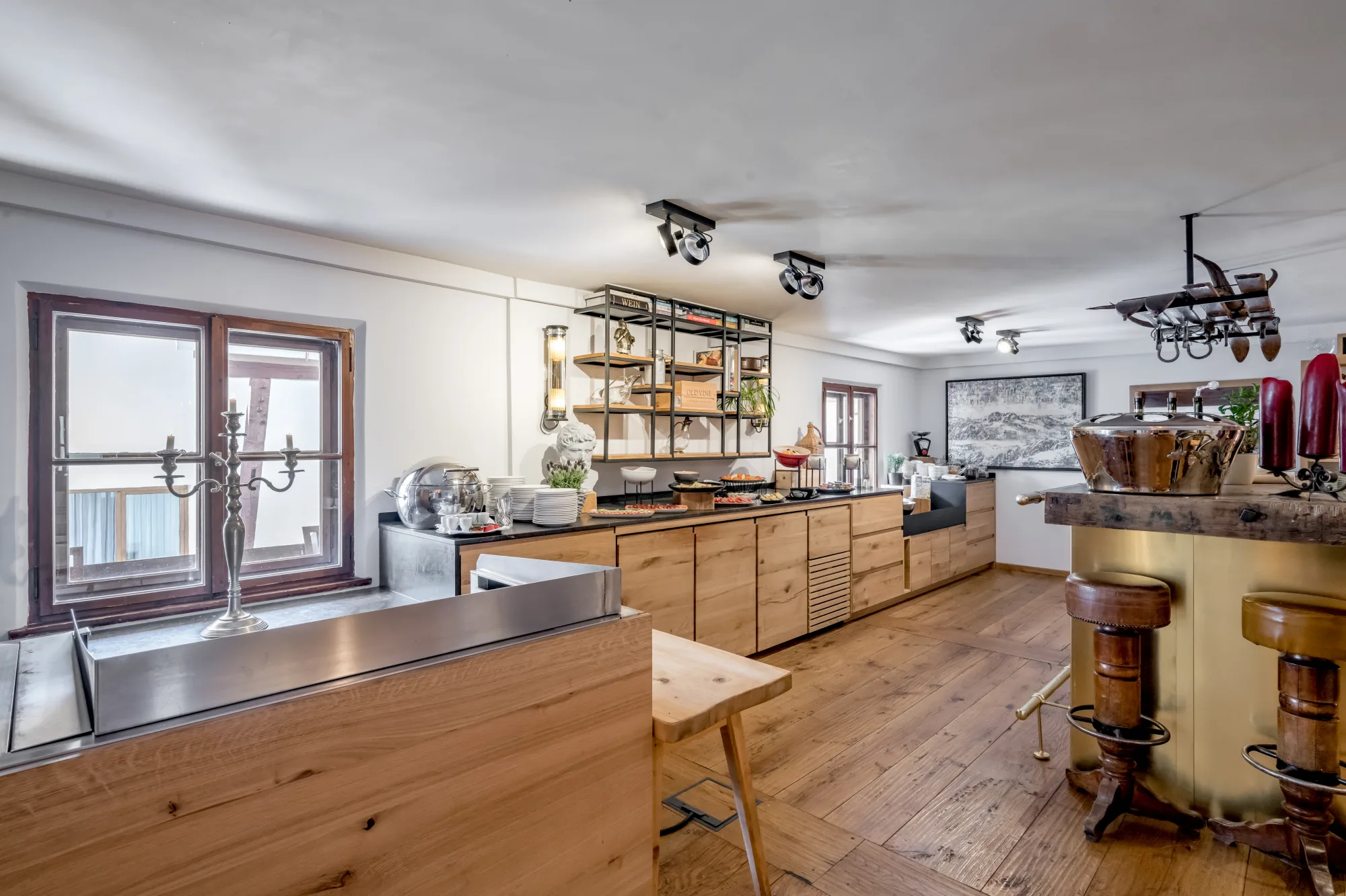 Elegant breakfast buffet setup with regional specialties and wooden interiors at Panorama Restaurant, Ski-Hotel Mondschein, Stuben am Arlberg