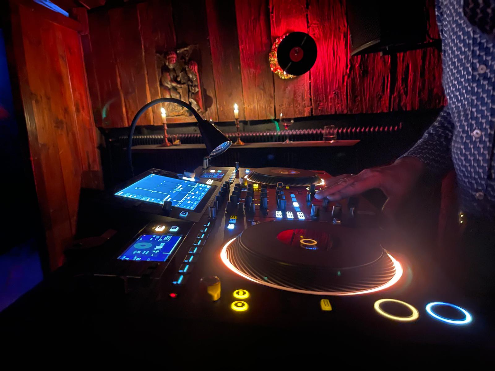 Close-up of illuminated DJ controller in the Mondschein Club at Ski-Hotel Mondschein, Stuben am Arlberg