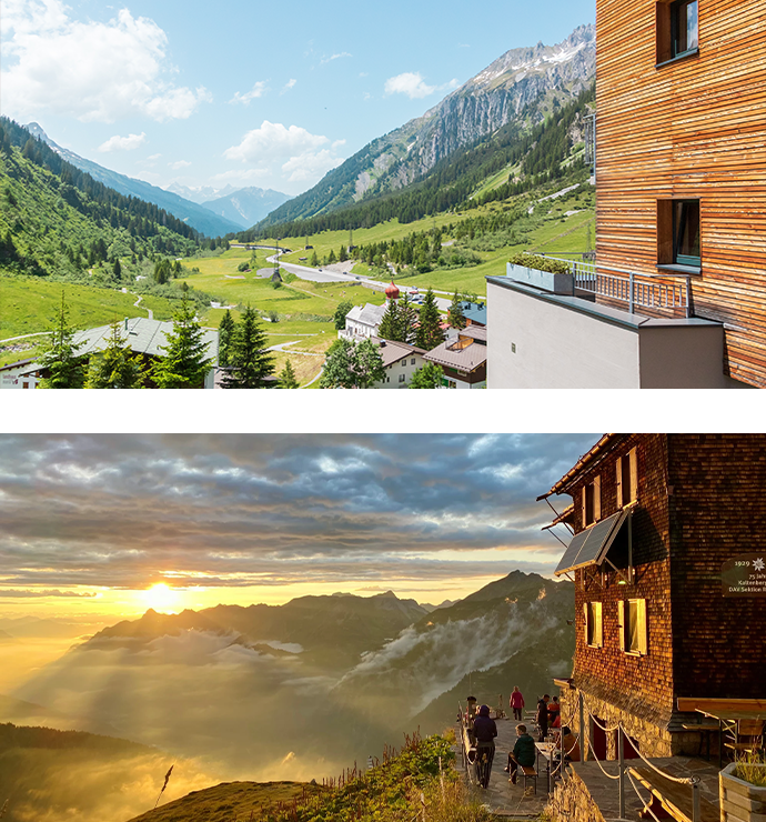 View from Chalet Mondschein in summer overlooking the alpine valley and mountains of Stuben am Arlberg